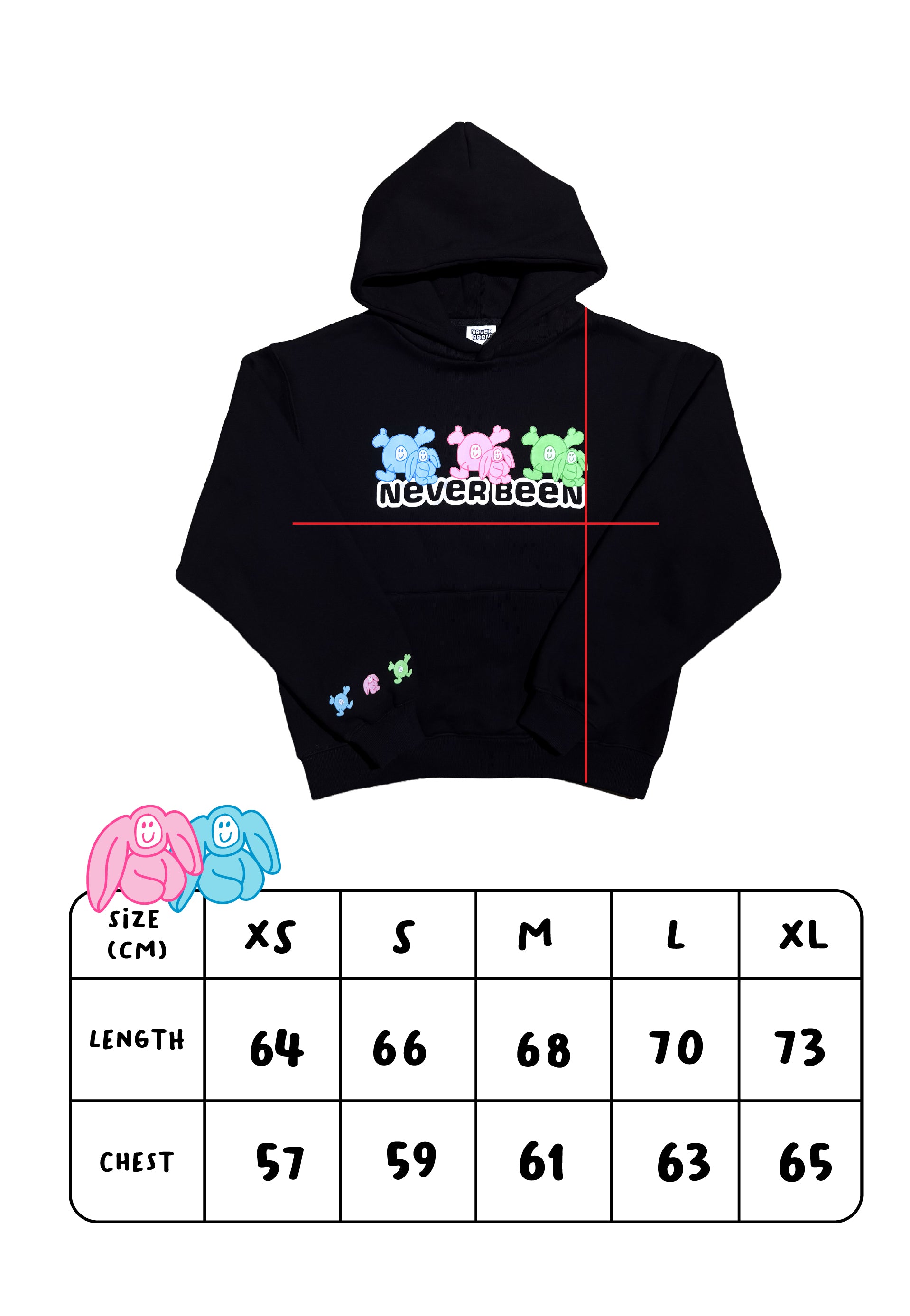 NEVER BEEN Bunny Hoodie Black Size Chart