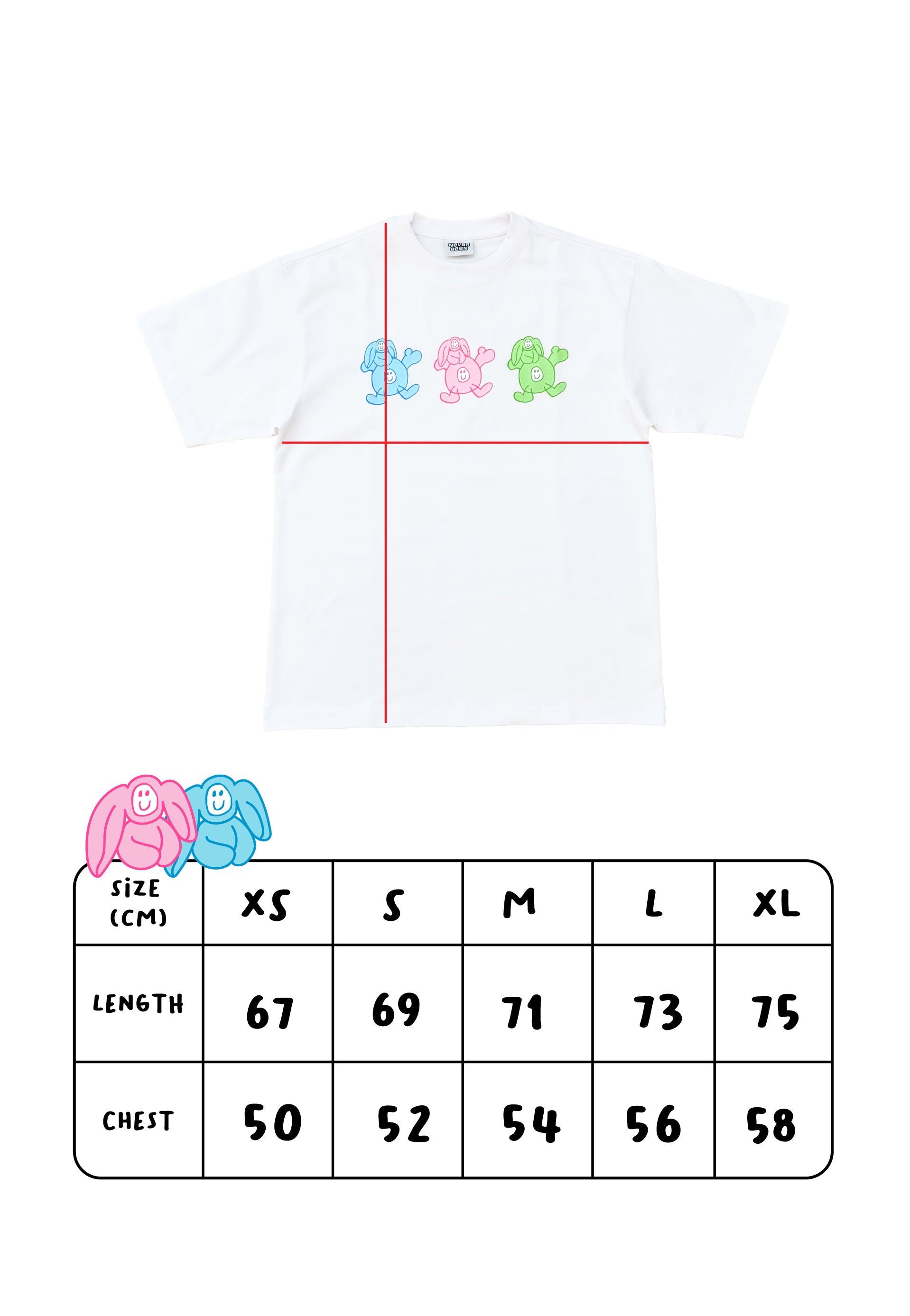 NEVER BEEN Bunny T-Shirt White Size Chart
