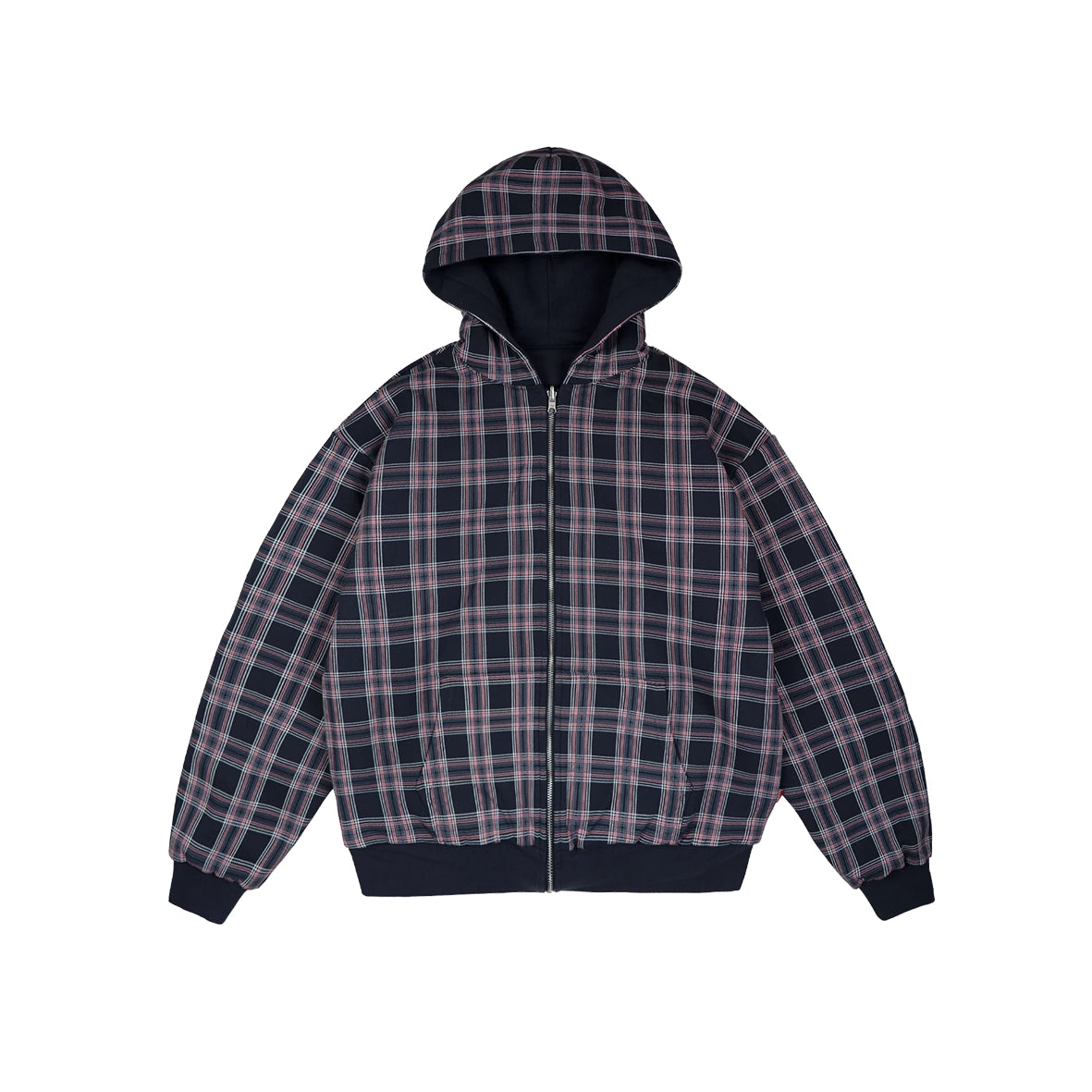 99BASED Reverse Plaid Zip Hoodie Navy