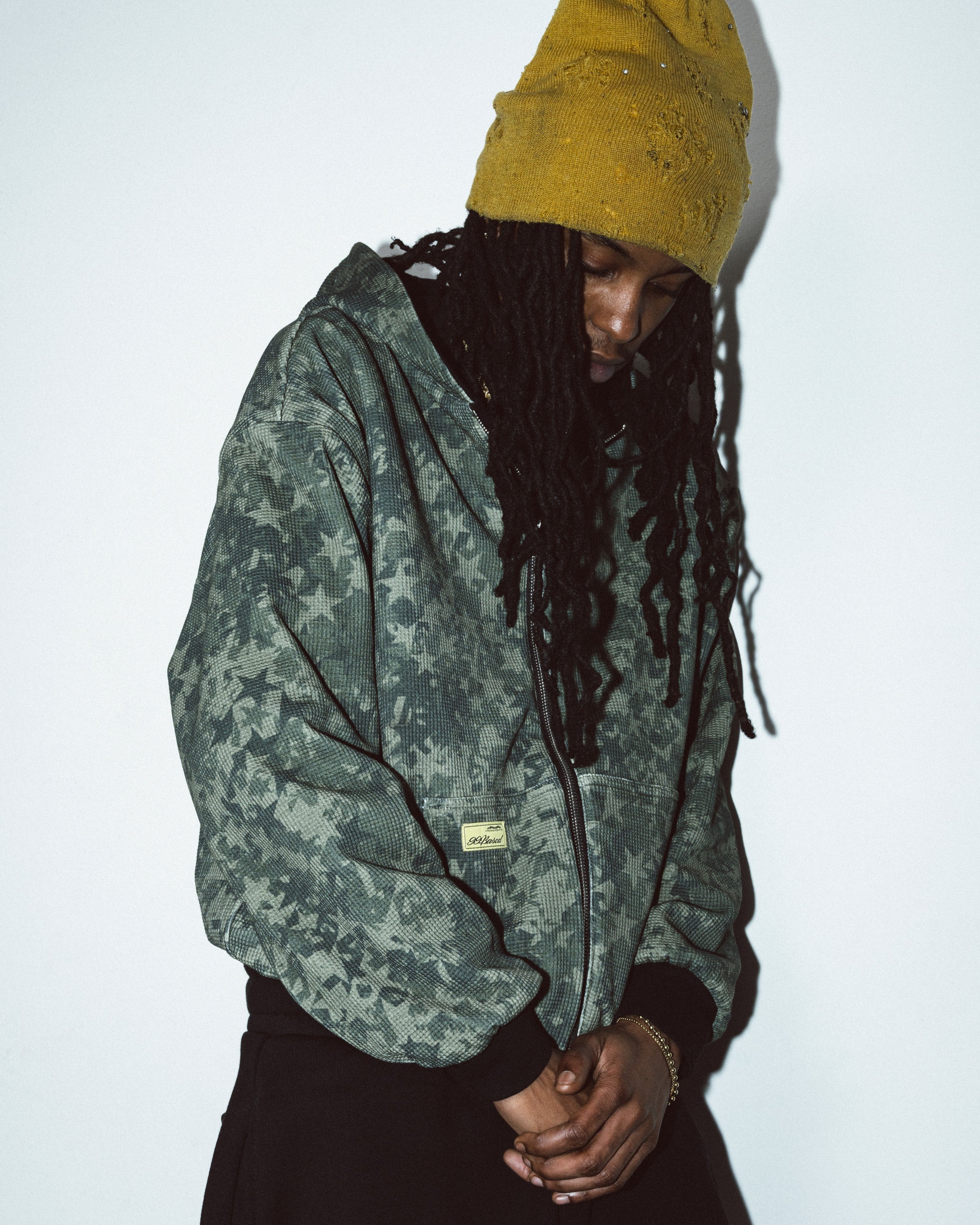 99BASED Reverse Waffle Zip Hoodie Black Camo