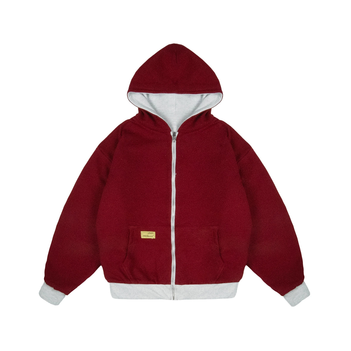 99BASED Reverse Waffle Zip Hoodie Grey Melange Wine Red