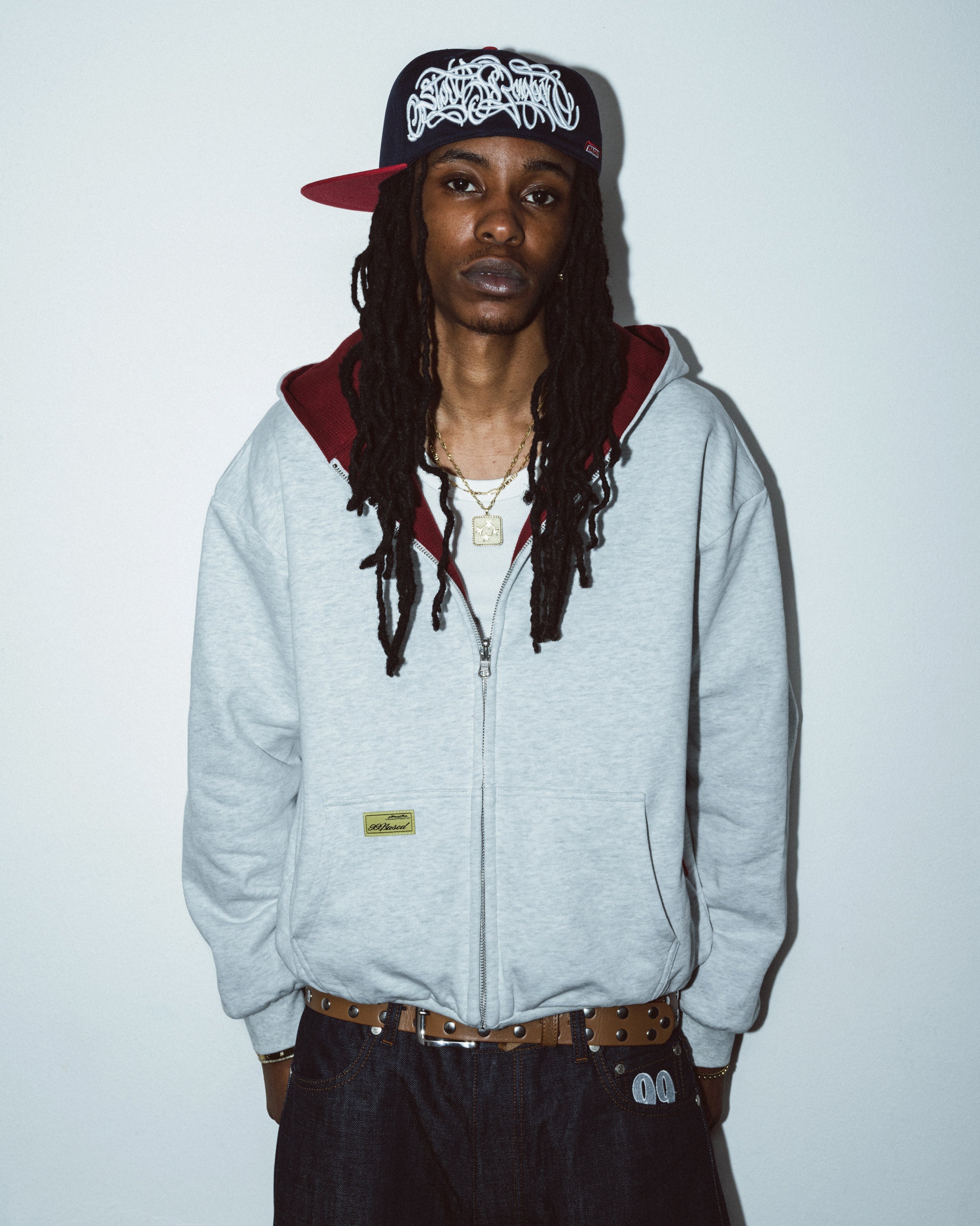 99BASED Reverse Waffle Zip Hoodie Grey Melange Wine Red