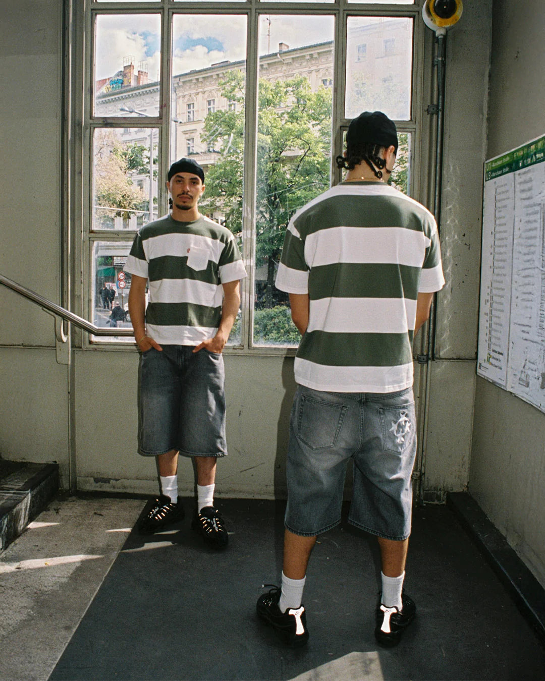 99BASED Striped T-Shirt White Olive