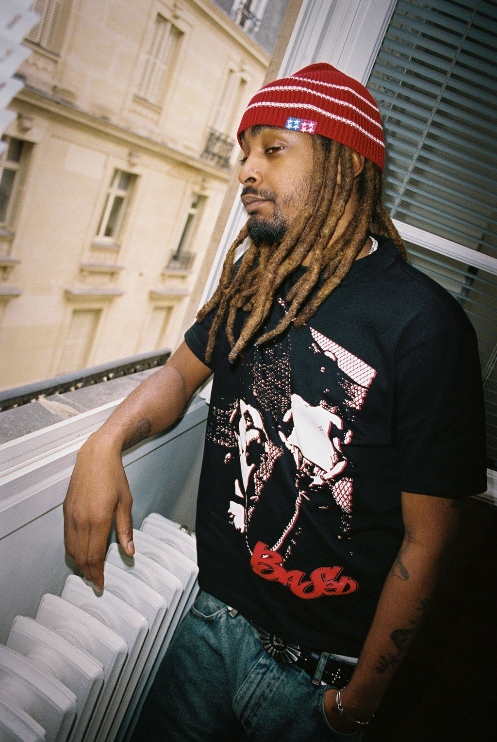 99BASED Striped Domino Beanie Red