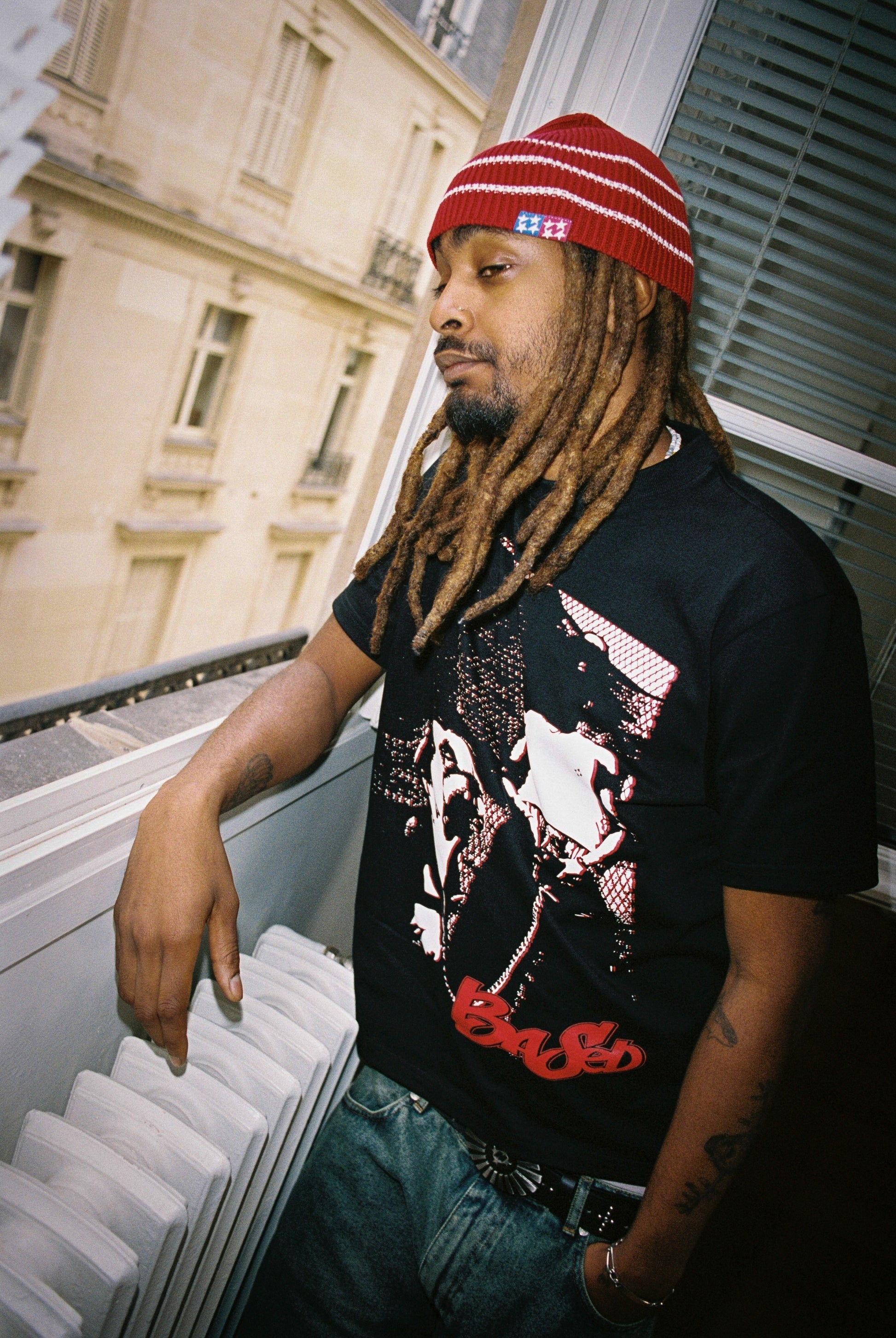 99BASED Striped Domino Beanie Red