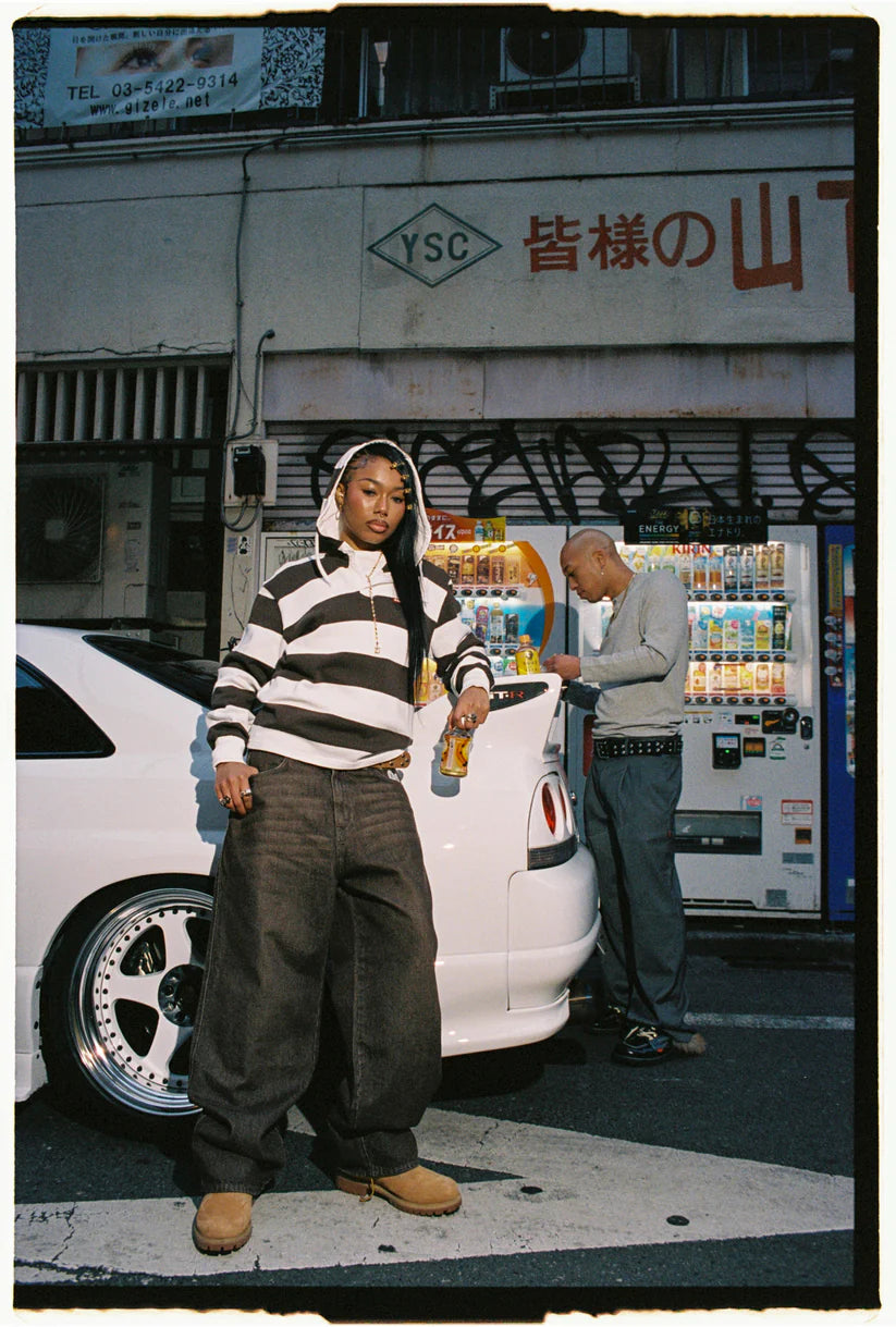 99BASED Striped Hooded Rugby Polo Knit Brown White