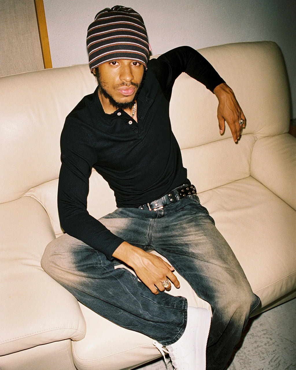 99BASED Striped Skull Beanie Brown