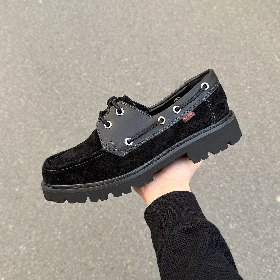 CLARKS Cleyhill Boat Black Suede