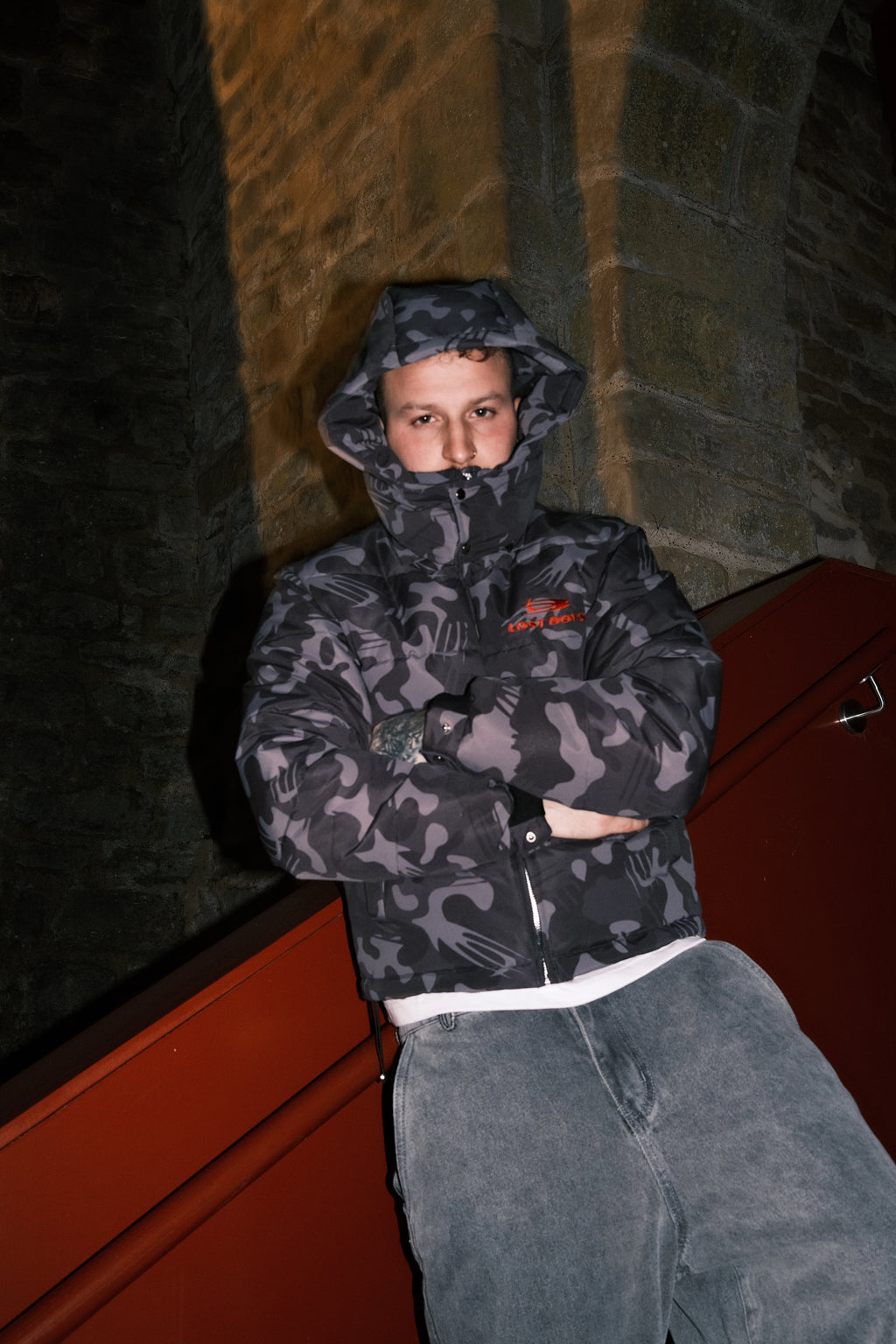 LOST BOYS ARCHIVES Puffer Jacket Black Logo Camouflage