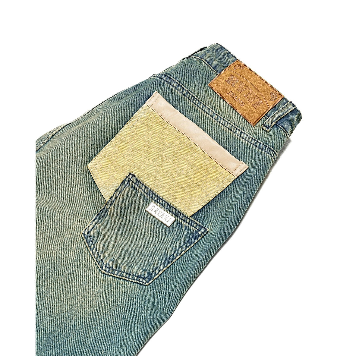 RAVANI Monogram Baggy Jeans Light Blue Green Wash