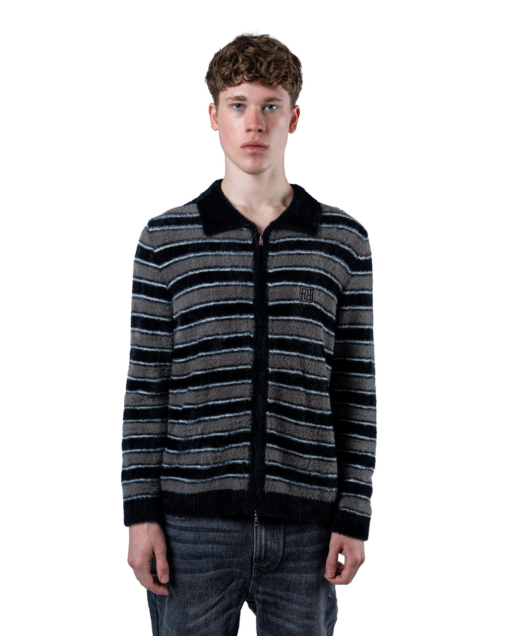 RAVANI RR Mohair Stripe Cardigan Grey Black