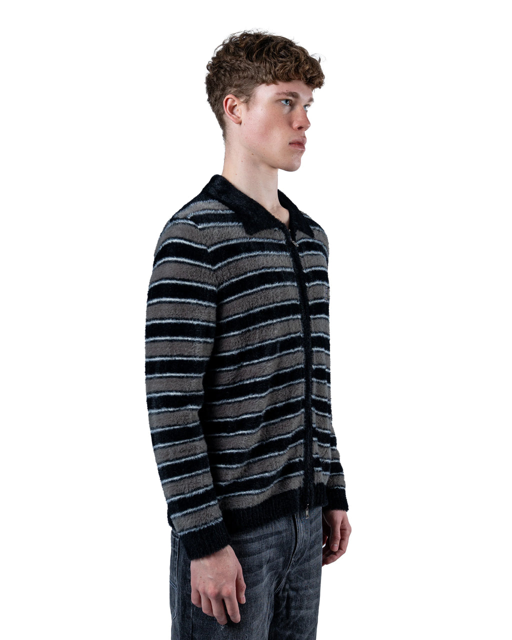 RAVANI RR Mohair Stripe Cardigan Grey Black