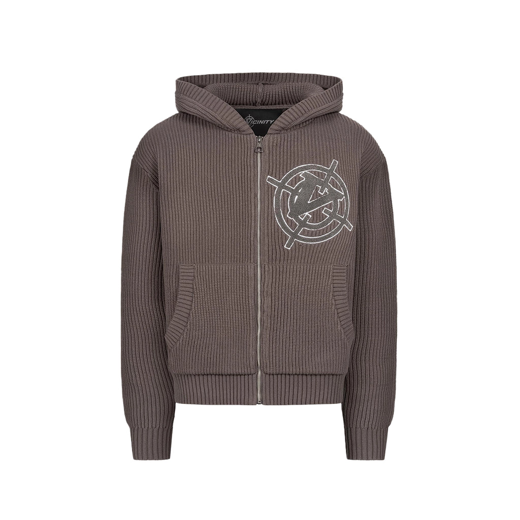 VICINITY V-Logo Knit Zip Hoodie Mud Brown